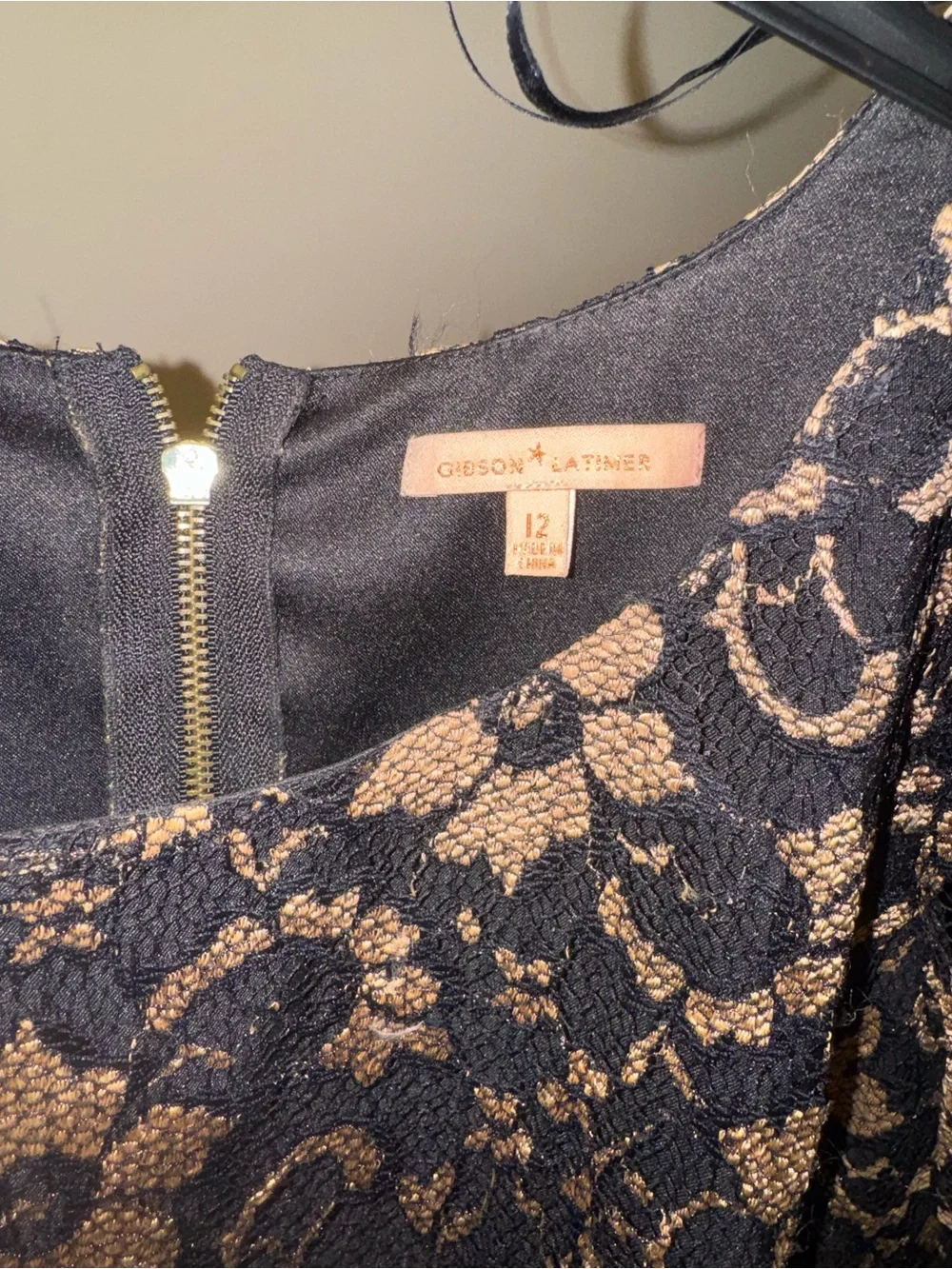 Gibson Latimer Black and Gold Floral Lace Long Sleeve Sheath Dress